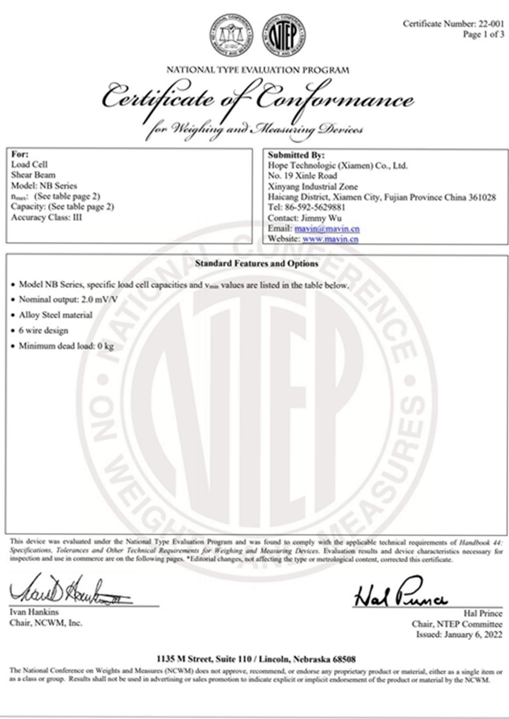 Certificat NTEP série NB
        